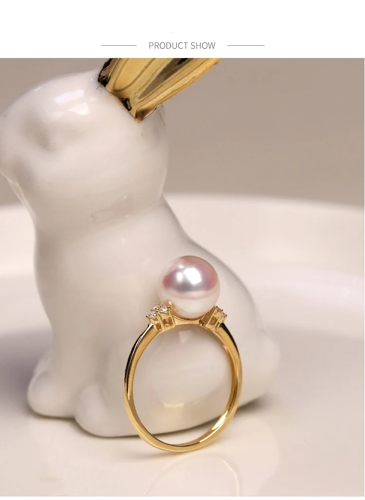 18K import Solid Yellow Gold Jewelry(AU750) Women  Single Grain Akoya Peas Weaving Diamond  ring  Natural Seawater Pearl  Lady