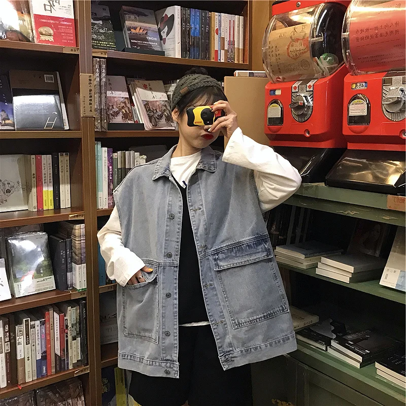 Винтажный корейский топ 2020 весенний однобортный жилет с длинным карманом для