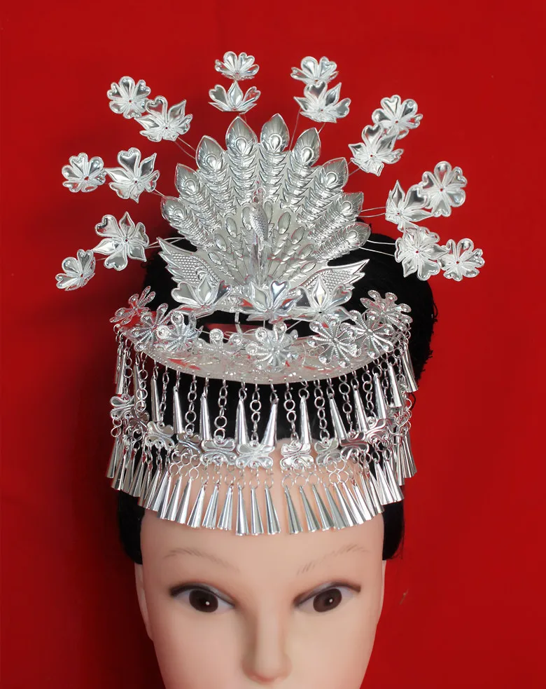 Miao Silver Hmong аксессуар Miao ювелирные изделия Китайская традиционная Ретро Мяо серебряная танцевальная одежда заколки для волос головной убор