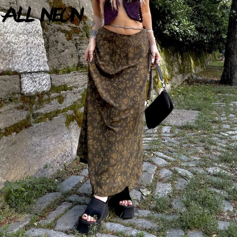 Юбка Макси ALLNeon трапециевидная с заниженной талией цветочным принтом осень