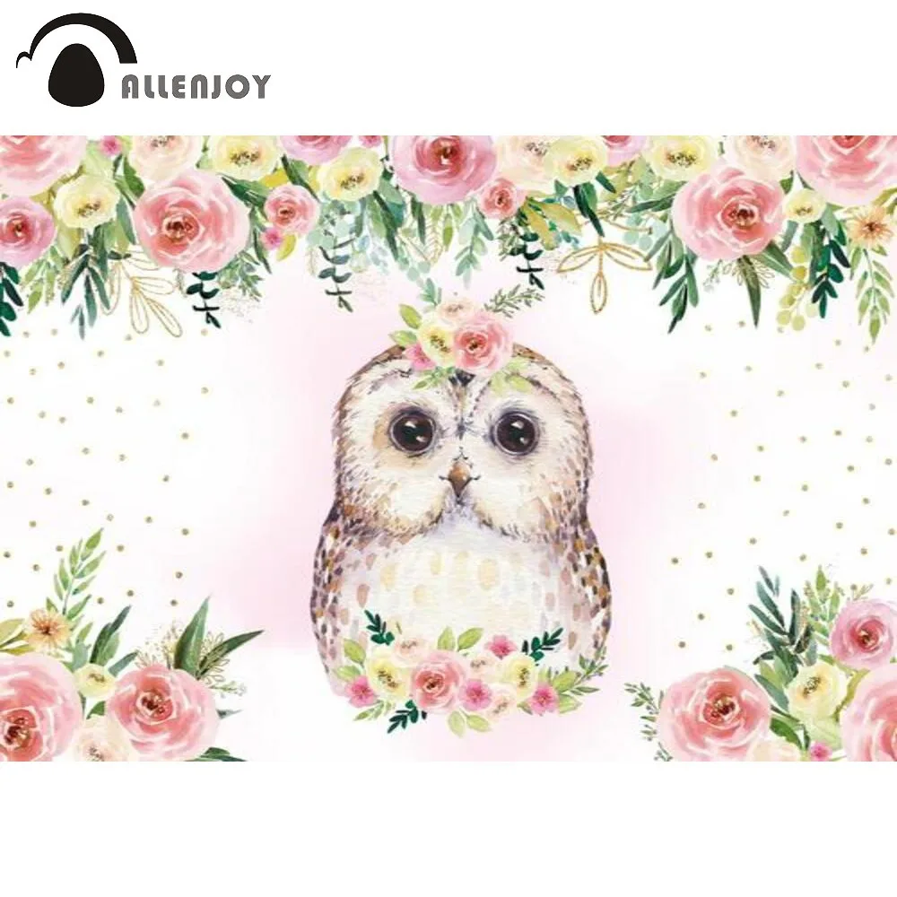 

Allenjoy Baby Shower Backdrop Happy Birthday Party Little Owl Flowers Decoration Background Professional Studio Props Photophone