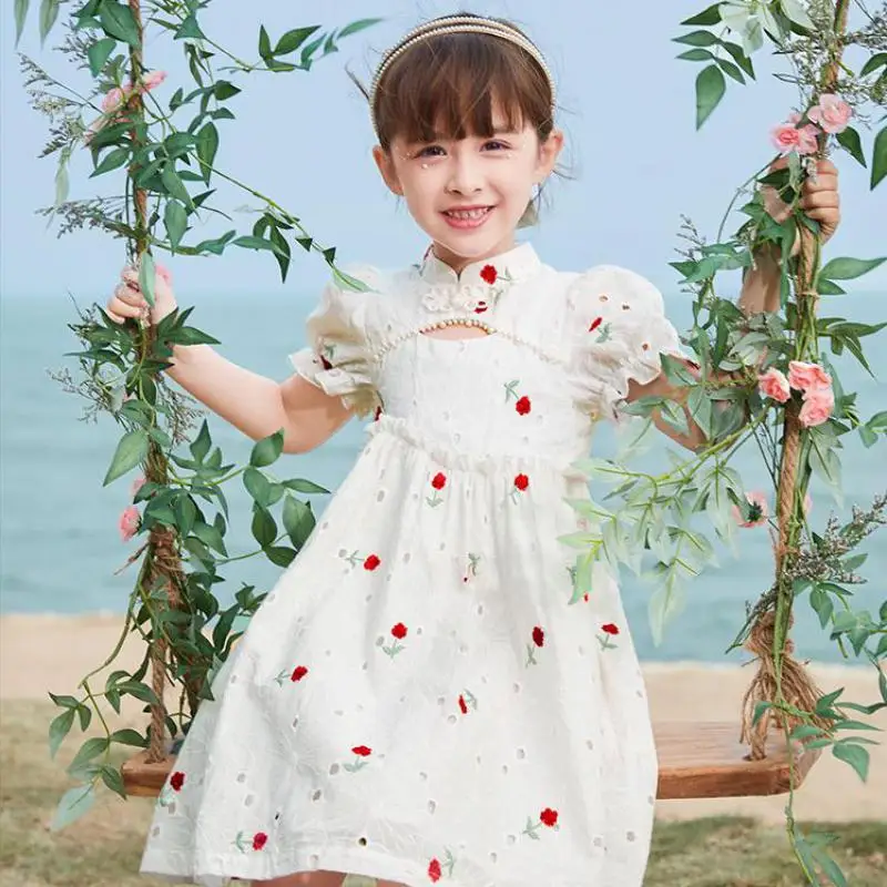 

Модное Открытое платье для девочек; Повседневные Дышащие платья средней длины с короткими рукавами и цветочной вышивкой; От 3 до 14 лет