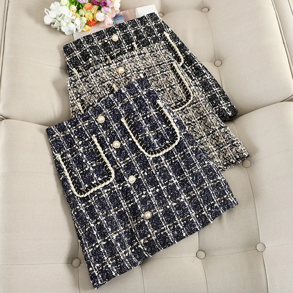 Женская зимняя теплая короткая шерстяная юбка с высокой талией карманами на