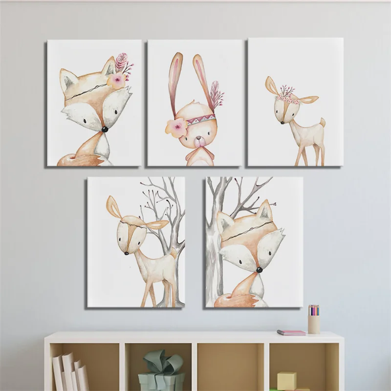 

Живопись на холсте в виде дикой природы, лиса, кролик, олень, плакат в современном стиле, маленькие животные, картина для комнаты, мультфильм,...