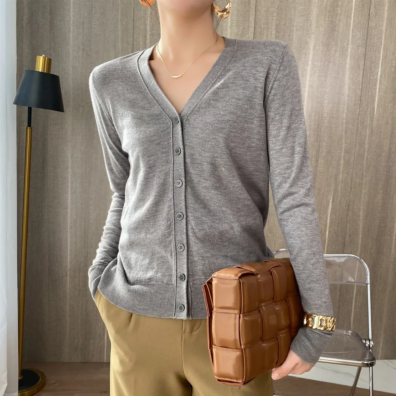 

SHZQ Worsted Merino Sweater Early Spring Knitwear Female V-neck Long Sleeve Slim Cardigan Shirt Sweater
