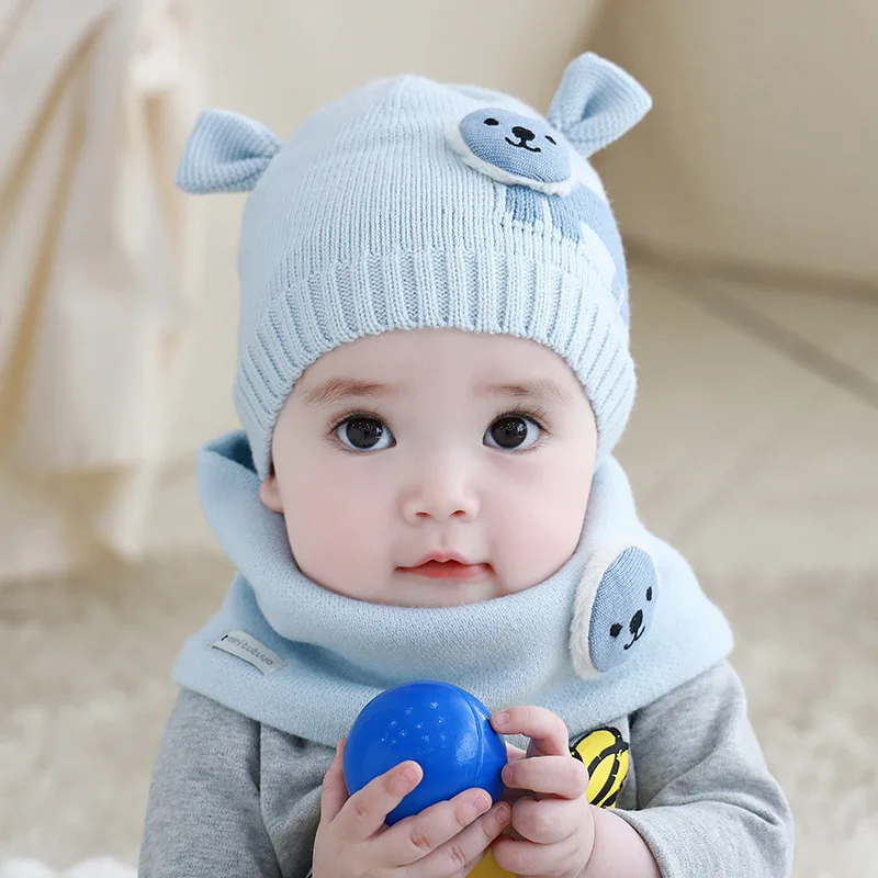 Cute Baby Autumn Winter Home Outdoor Hat Cotton Soft Warm Wool With Bibs Lovely Little Lion Kid Suit to 0-18 Months | Детская одежда и