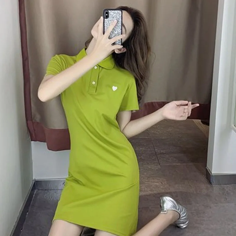 

Short Sleeve T-Shirt Skirt Women Dress 2021 The Nwe Korean Summer Trend Lapel Casual Comfortable Loose Draw Back Shirt Dress