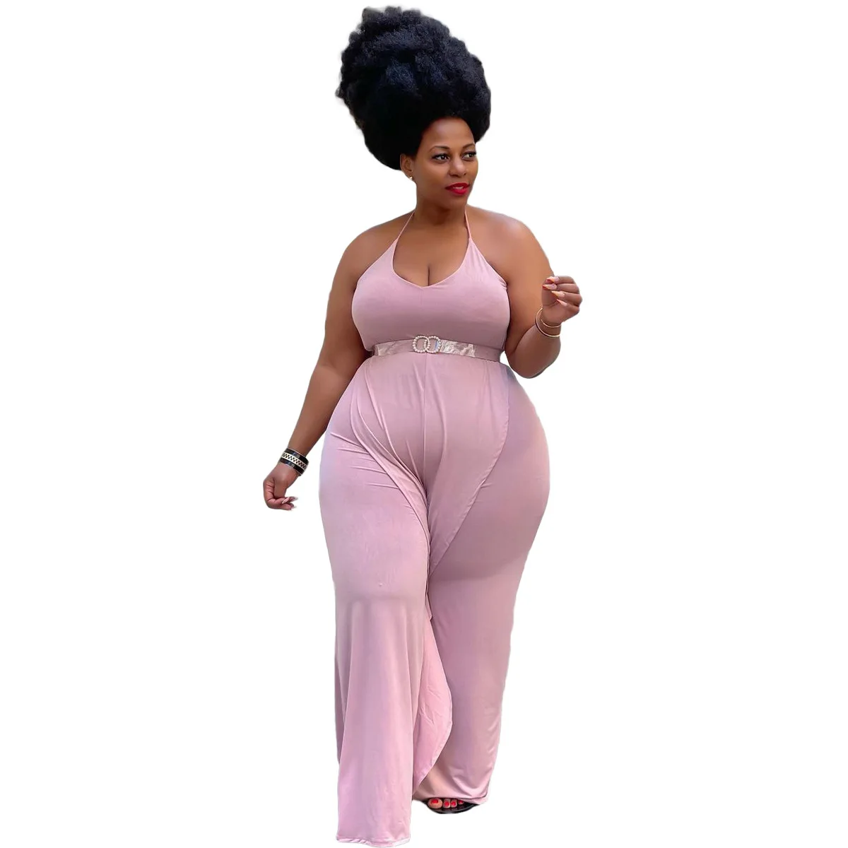 

Plus Size Women Clothing Temperament Sexy Street Halter Jumpsuit Wide Leg Pants Rompers Lace Up Ruffles Jump Suit Wholesale Item