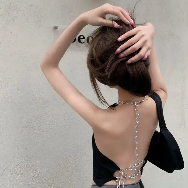 

Black Crop Top Women Sexy Punk Halter Top with Metal Chain Tube Strapless Cami Womens Clothes