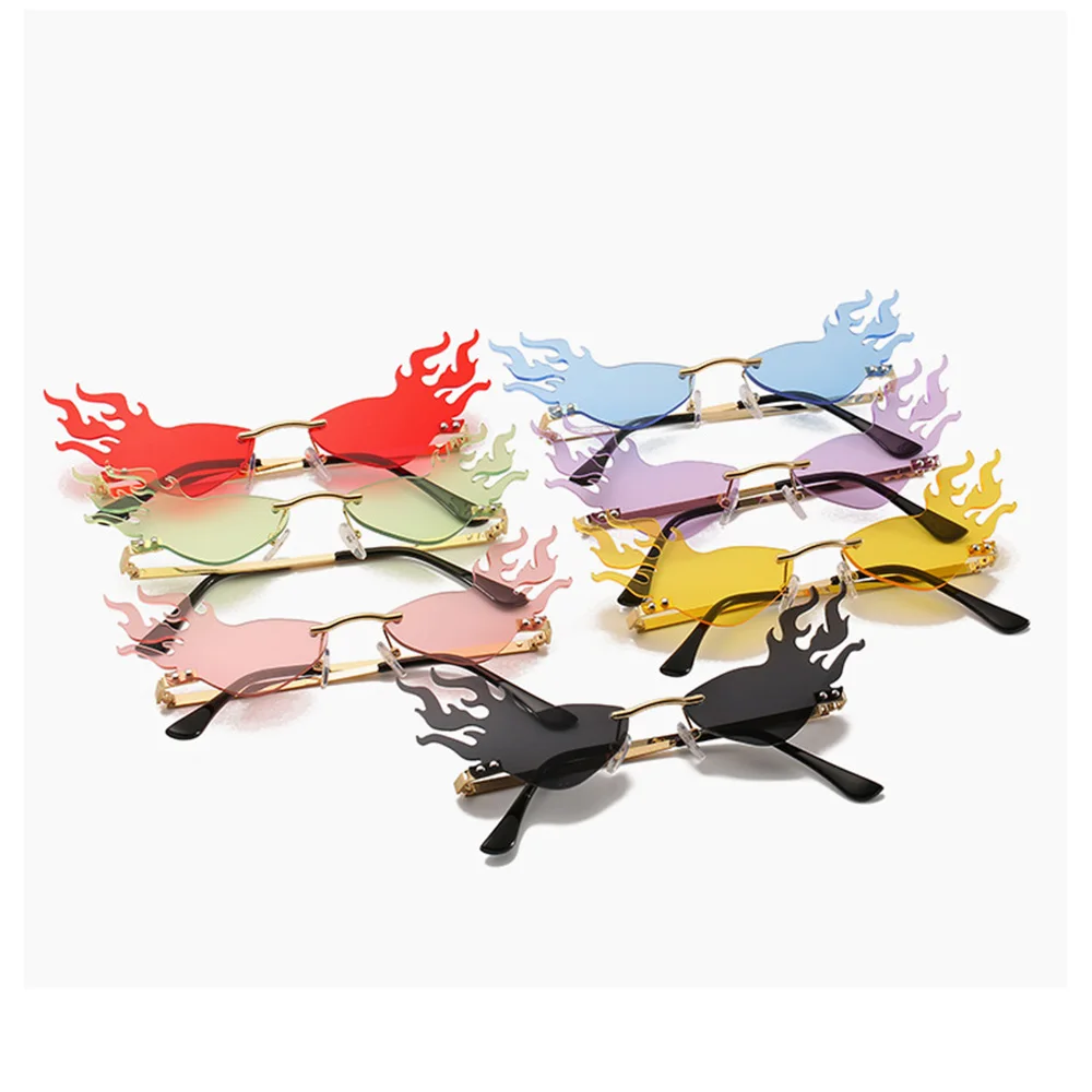 

2021 Fashion Trend Flame Sunglasses Rimless Wave Shaped Glasses Luxury Metal Eyewear Vintage Mirror Sunglasses For Women Uv400