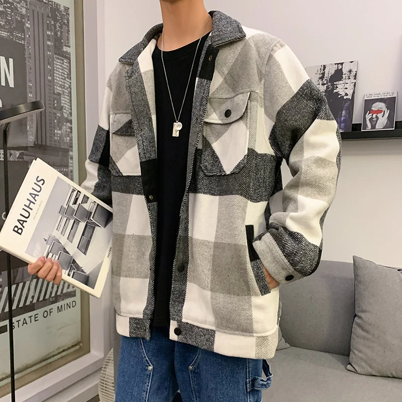 Зимнее шерстяное пальто Мужская модная повседневная Клетчатая Шерстяная куртка