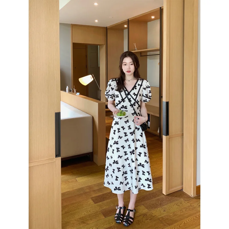 Экономически выгодные платья корейский шикарный принт с бантом Женская
