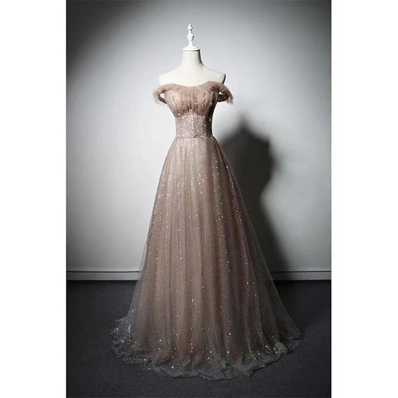 

Evening Dress Sequins Luxurious Boat Neck Lace Up Short Sleeves A-Line Empire Pleat Floor-Length Party Formal Gown Woman B713