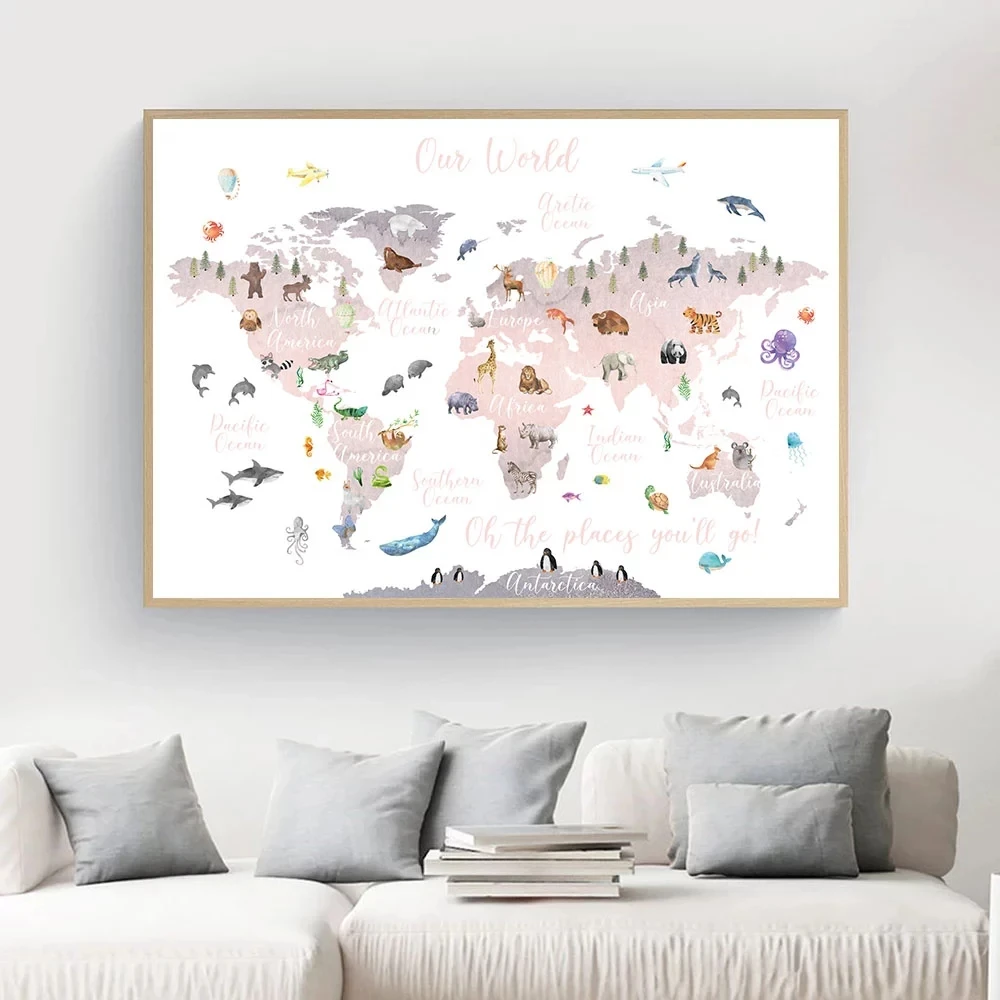 

Educational Animal World Map Picture Children Poster Nursery Wall Art Canvas Print Painting Baby Kid Bedroom Playroom Home Decor