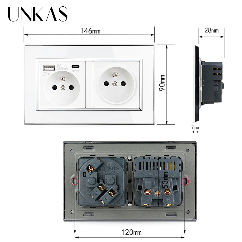 UNKAS Type C USB Socket Port Fast Charger For Mobile Phone Zinc Alloy Aluminum Panel 16A French Plug AC 110V-250V Outlet images - 6