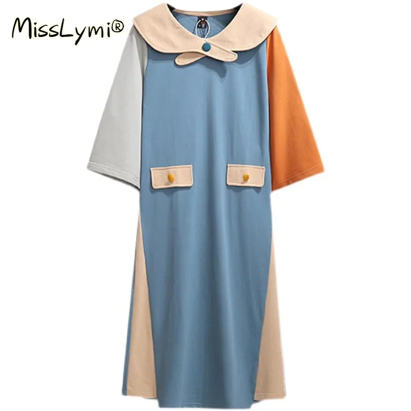 

4XL Plus Size Women Cotton Tshirt Dress Summer 2021 Sailor Collar Short Sleeve Mixed Colors Sense of Design Loose Casual Dresses