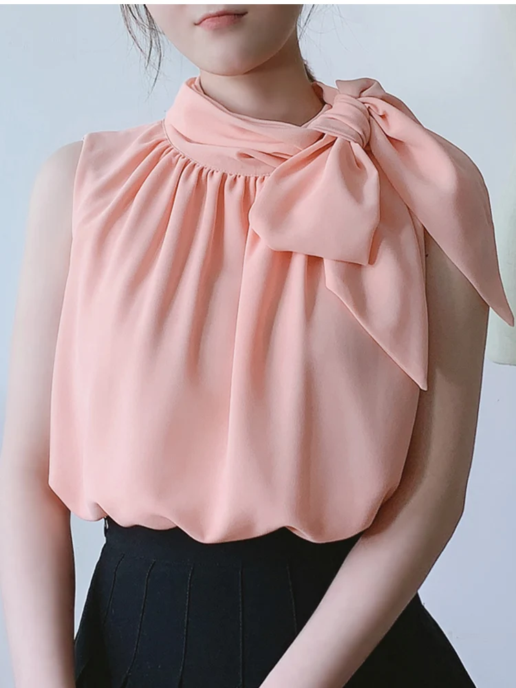 

Summer new style chiffon stand-up collar tie neckline vest solid color strapless elegant sleeveless loose blouse small shirt