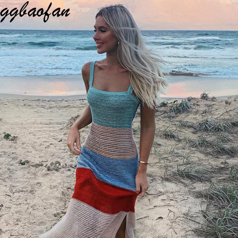 

Ggbaofan Fashion Striped Knitting Sweater Dresses for Women 2021 Summer Holiday Hollow Out Dresses Elegant Backless Split Dress