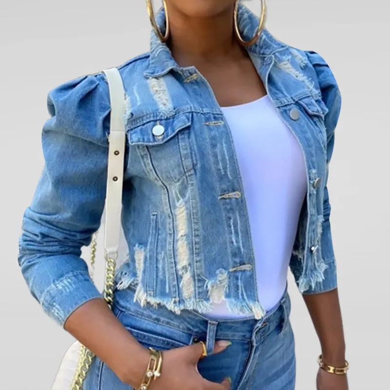 

2021 Denim Jacket Women Sexy New Puff Sleeve Short Denim coat Streetwear Plus Size Casual female Jacket Blue Casual Top