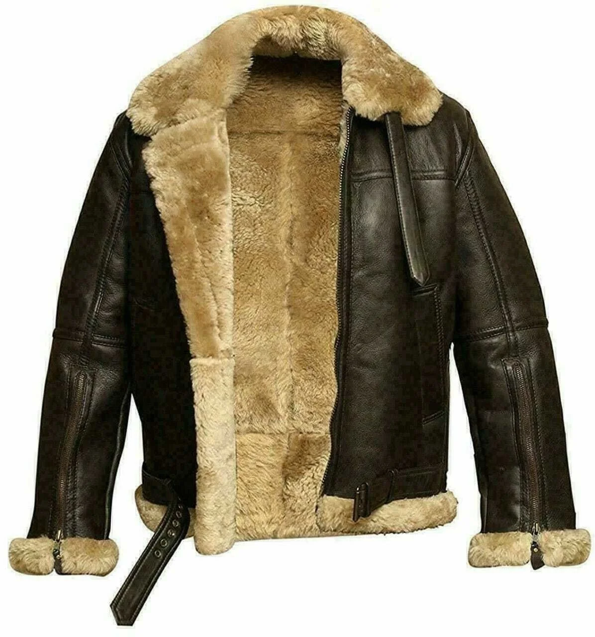 

Male airman pilot b3 flying bomber skin of lamb shearling leather jacket