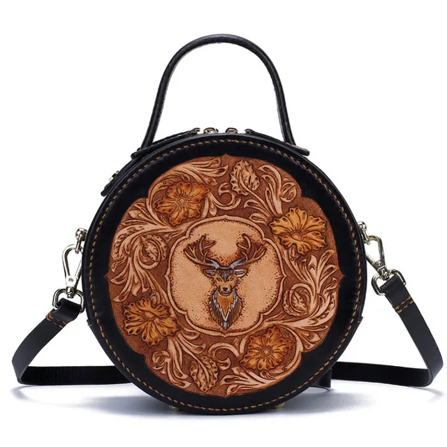 

Famous brand high-end women's handbags hand-carved leather suede leather slant deer head personality small round women's bag