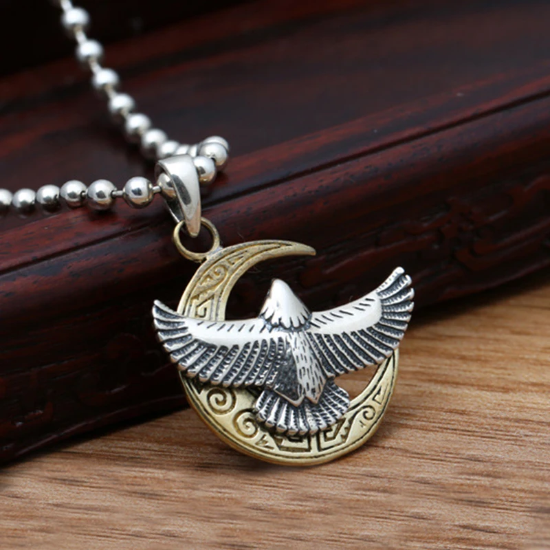 

S925 Sterling Silver Jewelry Retro Thai Silver Men and Women Personality Moon Bend Flying Eagle Simple Pendant
