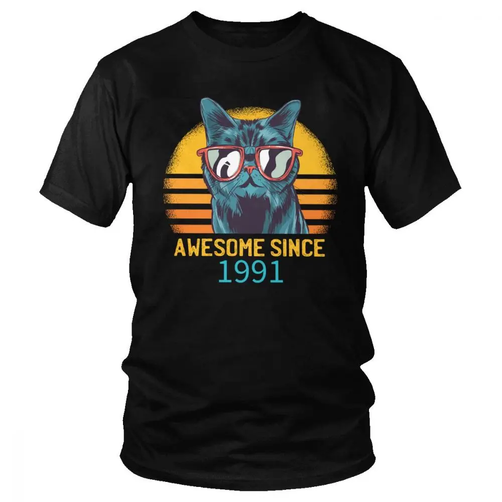 

Cool Retro Awesome Since 1991 T Shirt for Men Short Sleeve Birthday Gift T-shirt Cat Lover Casual Tshirt Pre-shrunk Cotton Tee
