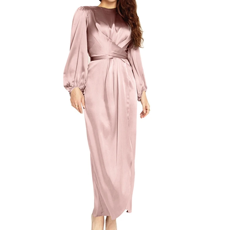 

Women Arab Muslim Satin Puff Long Sleeve Wrap Front Maxi Dress Abaya Hijab Robe