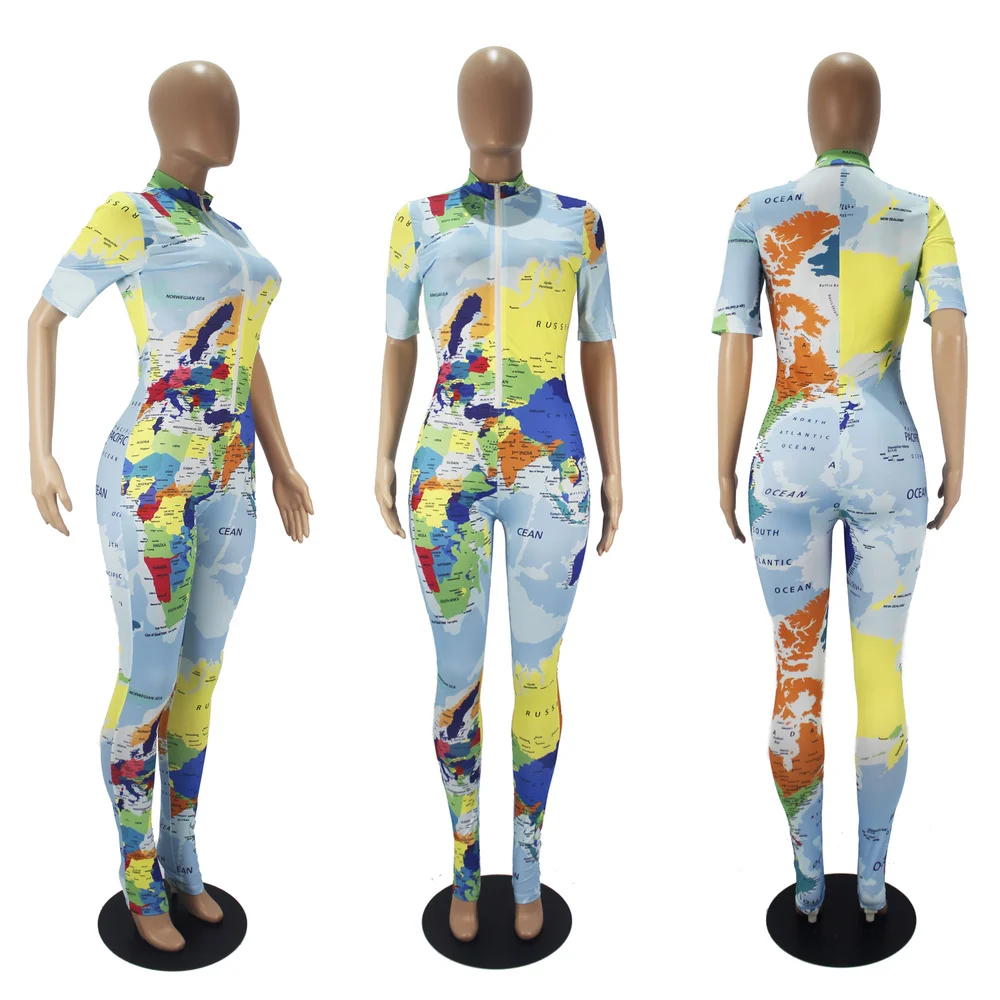 

Map Print Slim Rompers Fitness Womens Jumpsuit Short Sleeve V Neck Party Club Skinny Overalls One Piece Zippper Skinny Outfit