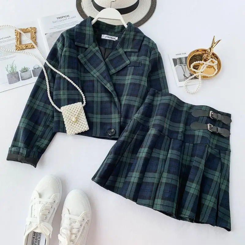MUMUZI/осенняя одежда женский костюм новинка 2019 короткая клетчатая куртка и Зеленый