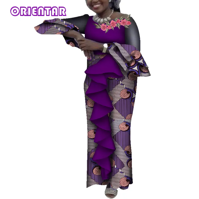 2019 Women African Dresses Flare Sleeve Pleated Decoration African Print Dresses Long Floor-Length Dress Bazin Riche WY4581