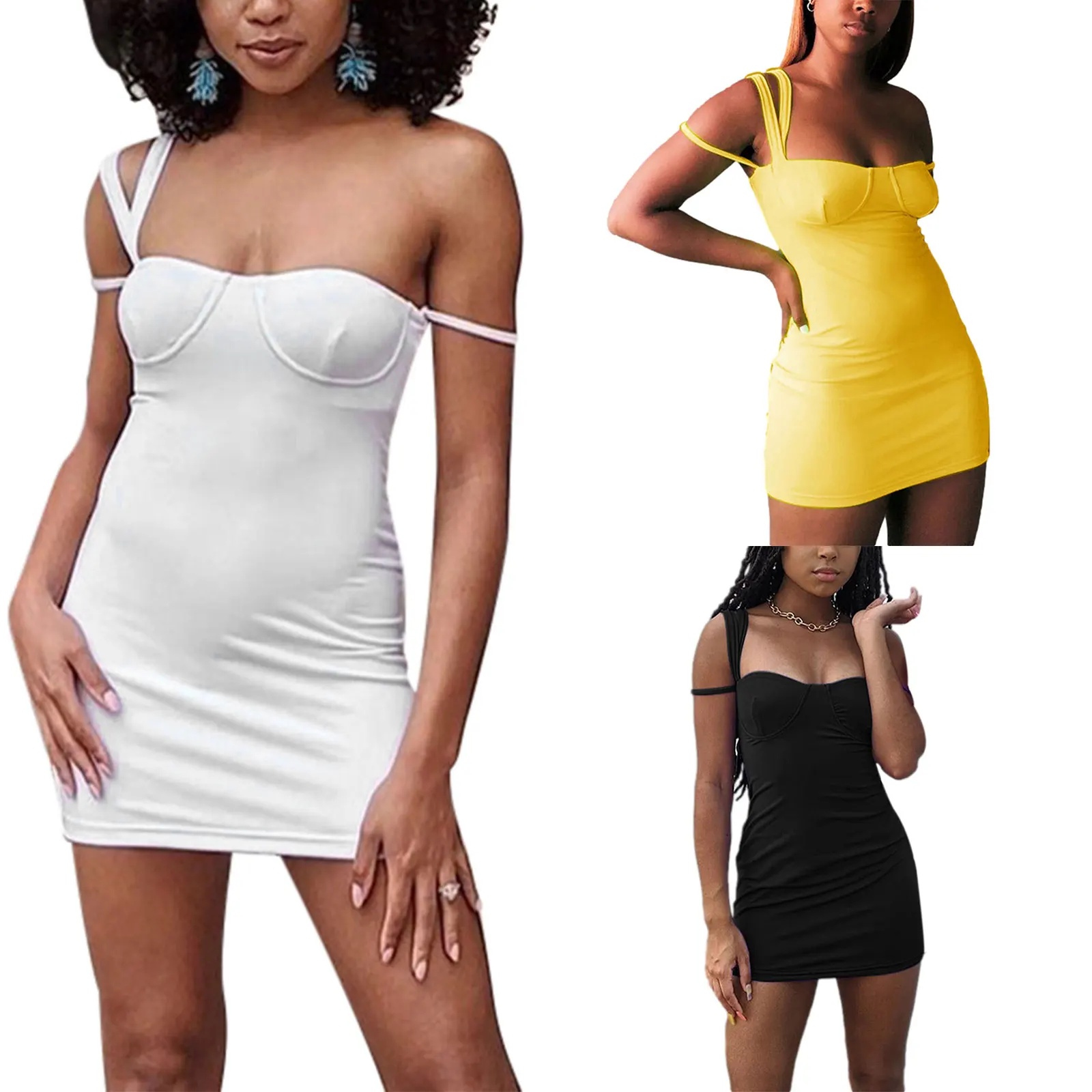 

Women's Sexy Bodycon Mini Dress, Sleeveless Spaghetti Strap Solid Color Stretchy Dress