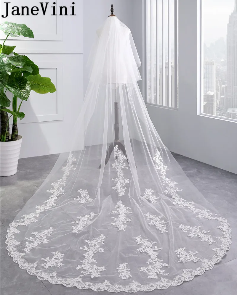 JaneVini 2 слоя собора Длинная свадебная фата белая кружевная кромка Аппликация