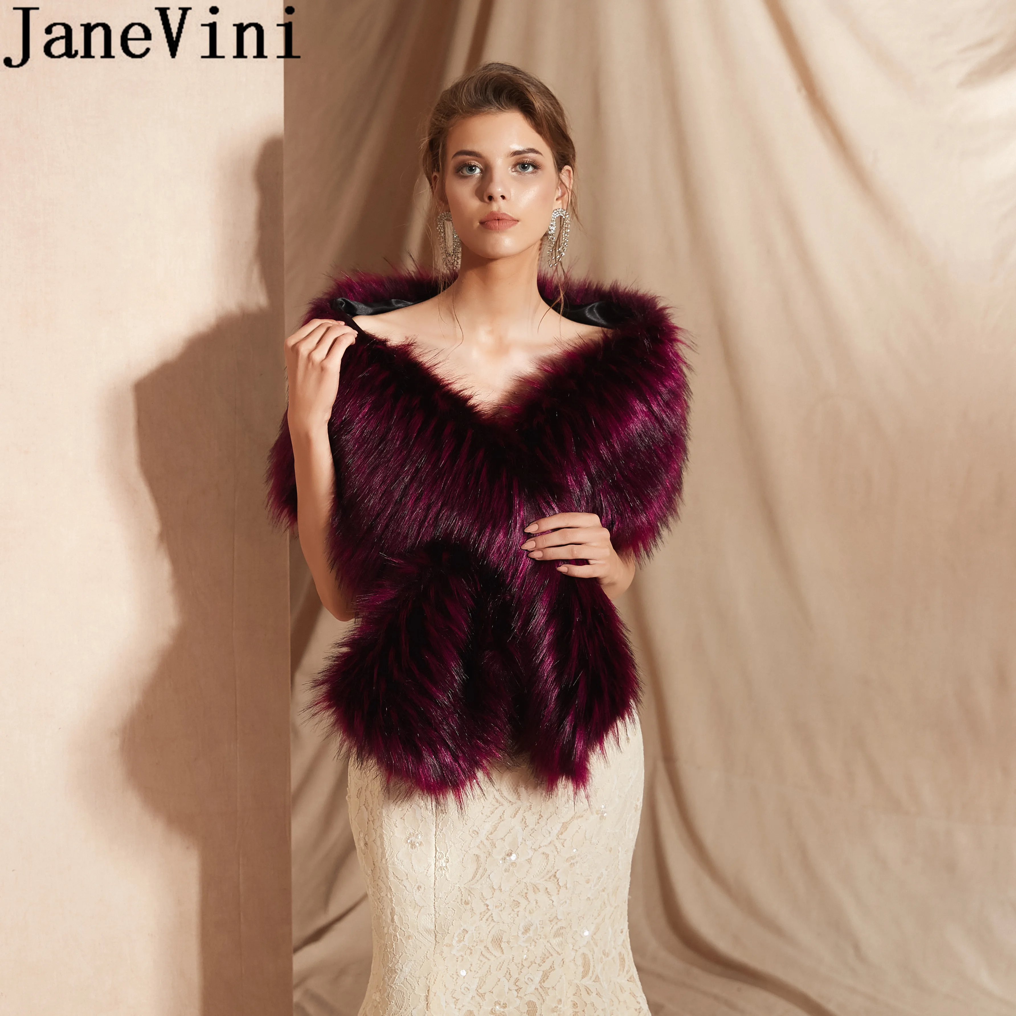 

JaneVini Bruids Cape Wine Red Fur Bridal Bolero Wraps Evening Dress Wedding Shawl Winter Faux Fur Stole Women Shrugs Party Capes