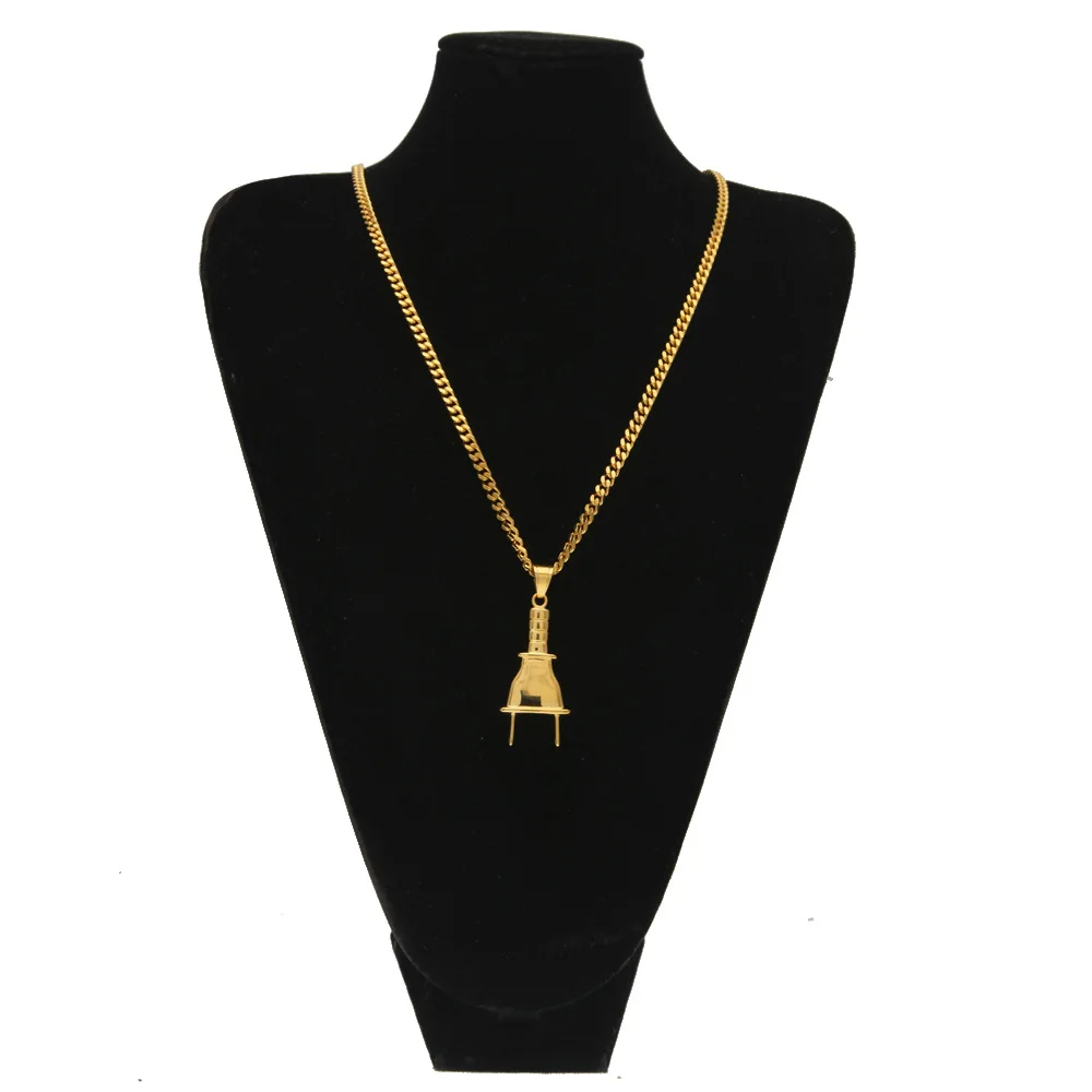 

Men Stainless Steel gold color hip hop plug shape pendant necklaces 70cm long link chain hiphop fashion necklace jewelry gift