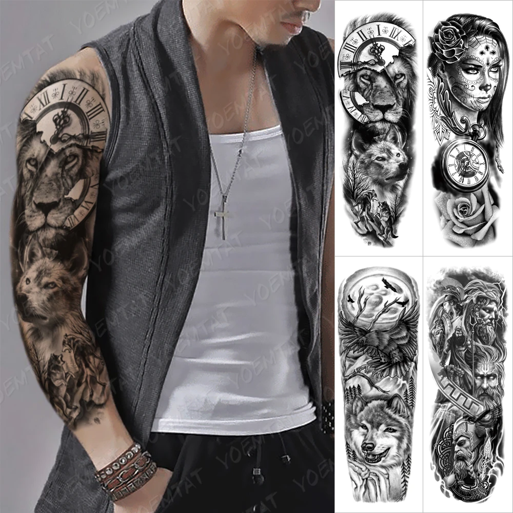 

Waterproof Temporary Full Arm Tattoo Sticker Lion Tribal Totem Warrior Clock Flash Tattoos Man Body Art Fake Sleeve Tatto Female