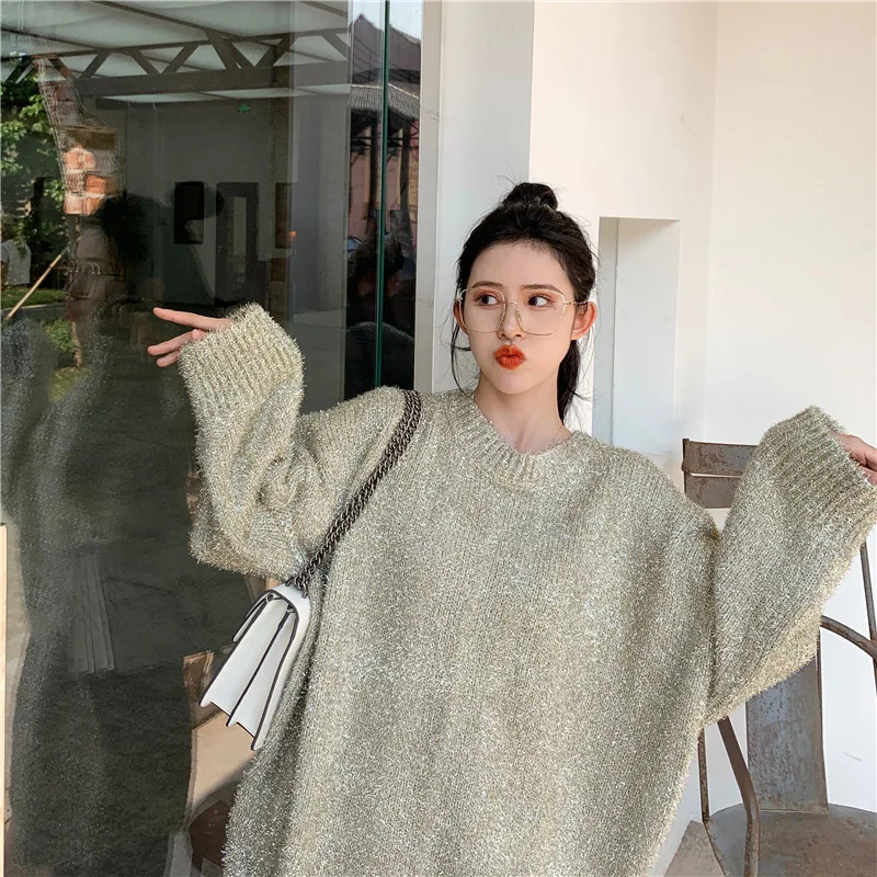 

Fashion winter sweater women Autumn Korean Shiny Sweater Korean sweater knitting Long sleeve Leisure Loose sweater Hot sale