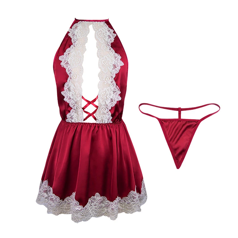

Sexy Lingerie Women Sleepwear Sexy Lace Backless Short Dress Young Girl Deep V Night Gowns Thong Sets Satin New Lolita Underwear
