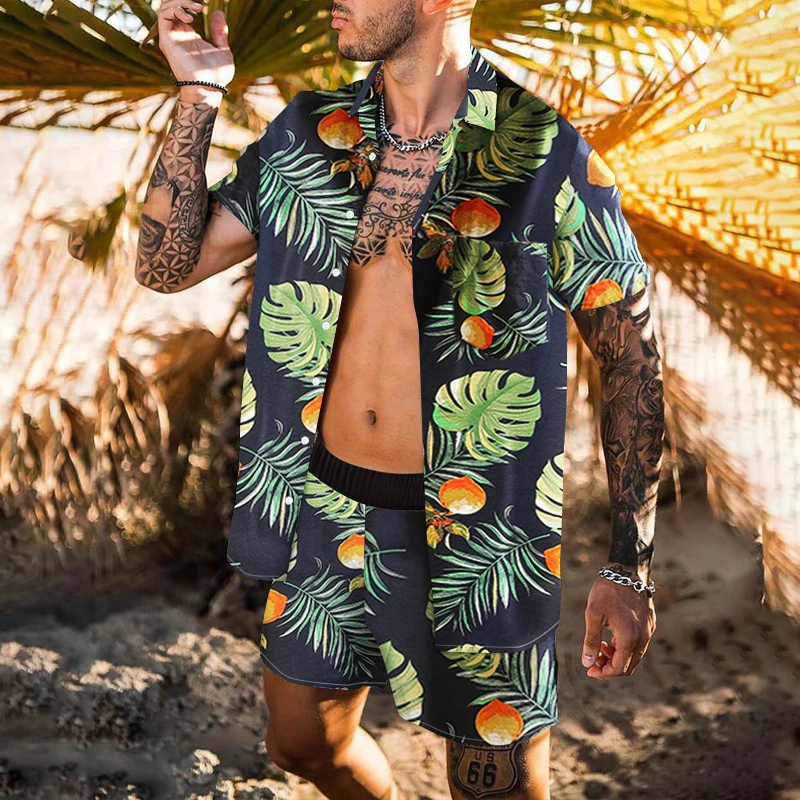 

Men 2 Pieces Sets Printing 2021 Summer Short Sleeve Button Shirt Beach Shorts Streetwear Casual Mens Hawaiian Gothic Suit