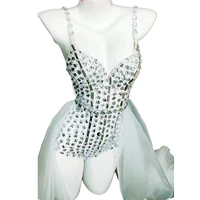 white rhinestones backless bodysuit women mesh gauze accessories suspender bodycon ladies dance costume nightclub costumes