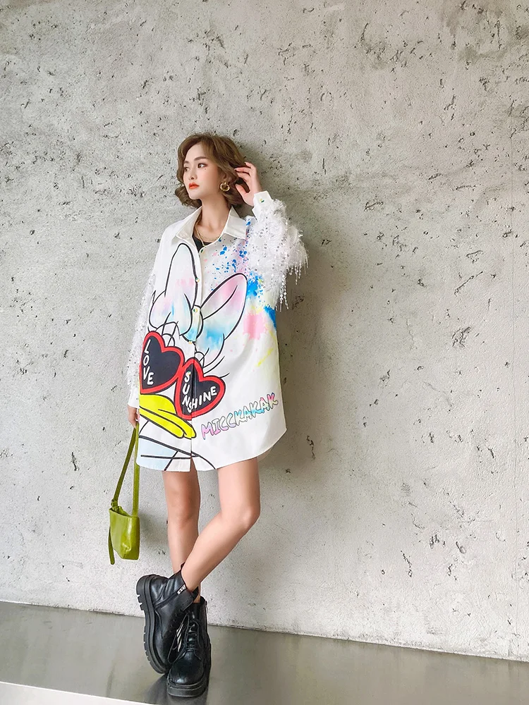 

2021 Spring New Western Style Sequined Printed Tassel Shirt Women's Loose Mid-Length Top