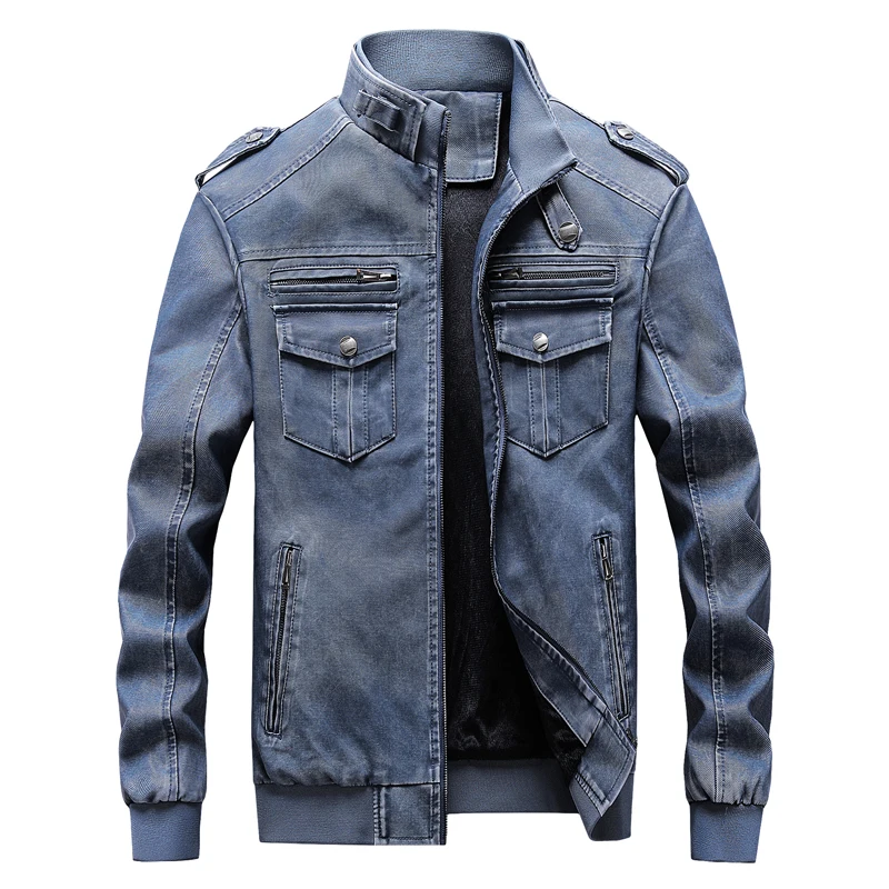 Куртка мужская кожаная на молнии винтажная модная бомбер в стиле милитари пиджак