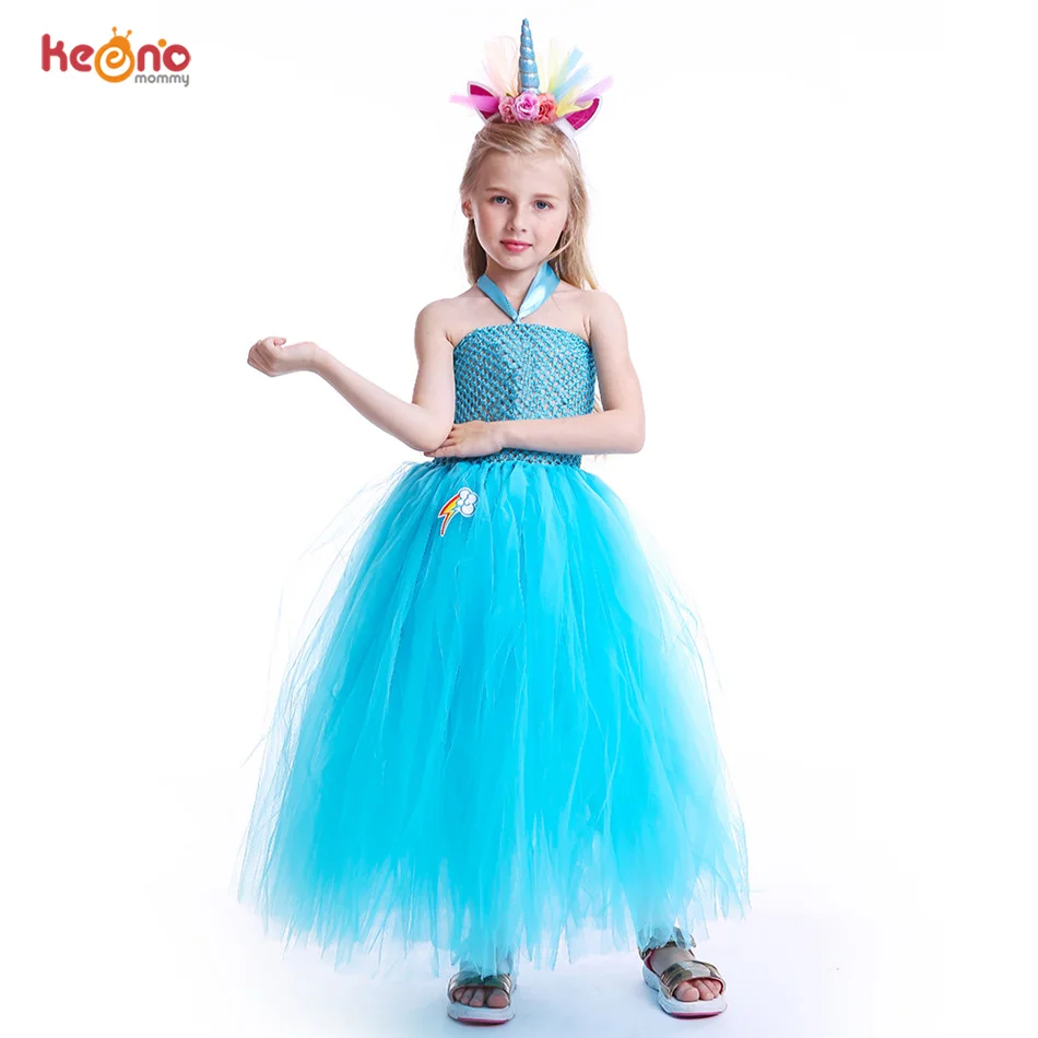 Blue Girls Tutu Dress Flower Unicorn Headband Baby Fluffy Tulle Robe Kids Girl Performance Halloween Costume Vestidos Clothes | Детская