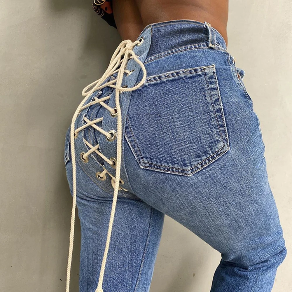 

Галстук-бабочка на шнуровке штаны Для женщин обратно в стиле пэчворк Высокая Талия джинсовые брюки повязки зауженные джинсы обтягивающие г...