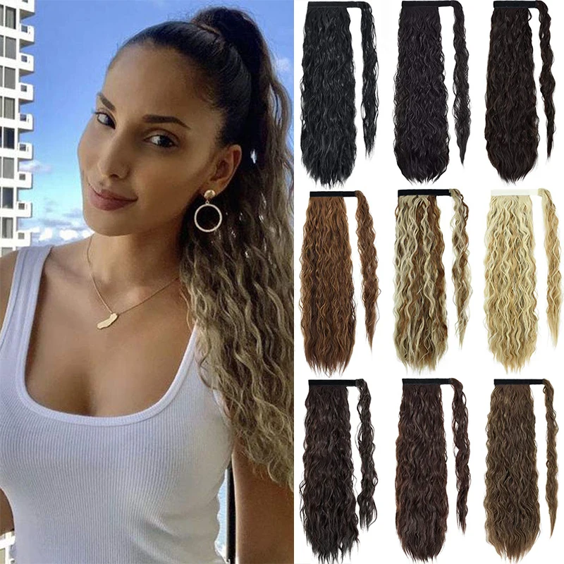 

Kong&Li Corn Wavy Long Ponytail Synthetic Hairpiece Wrap on Clip Hair Extensions Ombre Blonde Pony Tail Blonde Fack Hair