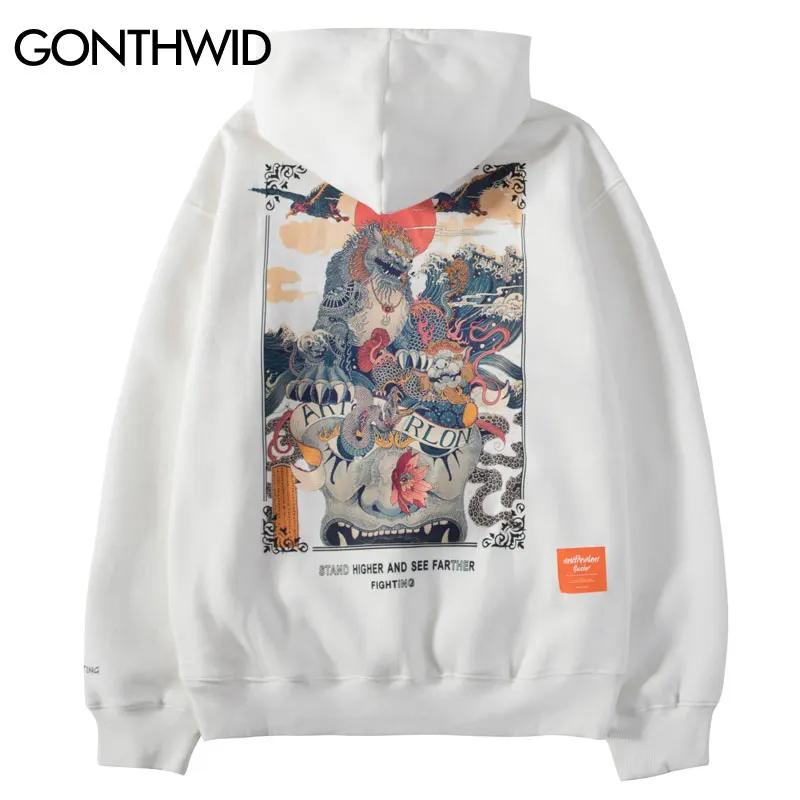 Толстовка GONTHWID флисовая с капюшоном и принтом китайского льва Модный пуловер в