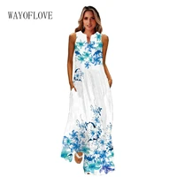 wayoflove spring summer white long dress women elegant sleeveless flower print dress patty vestidos loose holiday dresses casual