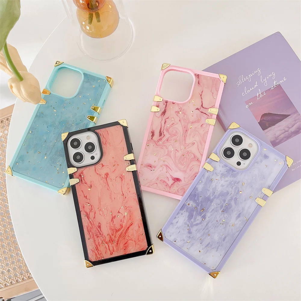 

Square Marble Phone Case for iPhone 13 Pro Max 12 11 Pro XR XS Shockproof Back Cover Glitter Epoxy Silicone Trend Fashion Coque