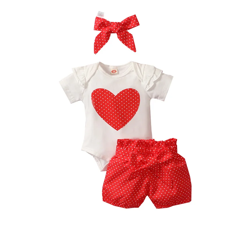 

Unisex Babies Girls Heart Print Pullover Bow Romper t shirt + Polka dot print Shorts Sets Summer Outfits