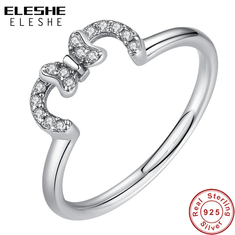 Подлинный eleshe 925 пробы, серебро, прозрачный CZ Кристалл, Минни, бант, кольцо на палец для женщин, свадебное украшение бижутерия, подарок